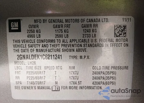 2012 Chevrolet Equinox 1Lt z USA, uszkodzony, nr VIN 2GNALDEK1C6211241